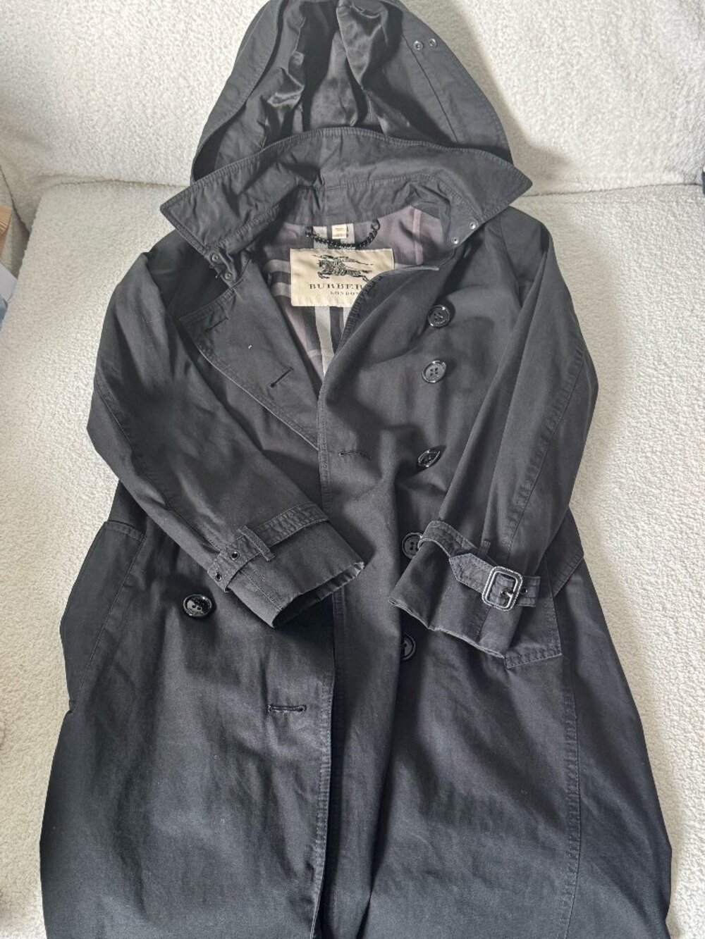 Vintage Burberry London Black Hooded Trench Coat Check Lining US 0